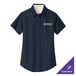 A medium navy short sleeve Port Authority dress shirt with white text on the front.