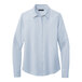 A Brooks Brothers long sleeve light blue satin blouse with full buttons.
