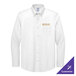 A white Brooks Brothers long sleeve dress shirt with gold embroidery on the chest.