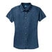 A Port & Company women's ink blue short sleeve denim button-down shirt.