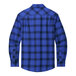 A blue plaid Port Authority flannel shirt with black and blue stripes on the back.