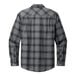 A back view of a gray and black plaid Port Authority flannel shirt.