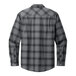 A back view of a grey and black plaid Port Authority flannel shirt.