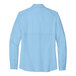 A back view of a light blue short sleeve shirt.