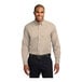 A man wearing a Port Authority long sleeve dress shirt in stone.