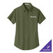A Port Authority women's clover green short sleeve dress shirt with white text on the front.