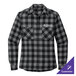 A Port Authority women's long sleeve flannel shirt in gray and black with a white and black check pattern.