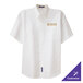 A white Port Authority short sleeve dress shirt with gold embroidery on the chest.