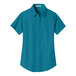 A Port Authority teal green short sleeved button down shirt.