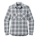 A medium Port Authority women's flannel shirt in grey and white plaid with a button close-up.