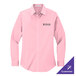 A close-up of a long-sleeved light pink Port Authority dress shirt with a company logo.