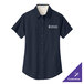 A Port Authority navy short sleeve dress shirt for women with white text on the front.