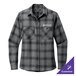 A close up of the grey and black plaid pattern on a Port Authority women's long sleeve flannel shirt.