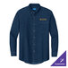 A Port & Company unisex long sleeve denim button-down shirt in blue with an embroidered logo.