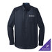 A Port Authority River Blue long sleeve shirt on a hanger with the logo on the front.