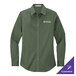 A Port Authority women's long sleeve green dress shirt with white text on the chest.