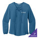 A Port Authority women's Aegean blue long sleeve crepe blouse with the word "comfort" on it.