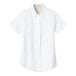 A white Port Authority ladies' short sleeve dress shirt with a collar and tag.