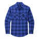 A blue and black plaid Port Authority flannel shirt with buttons.