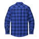 The back of a blue plaid Port Authority long sleeve shirt with black and blue plaid stripes.