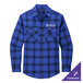 A close up of a blue Port Authority flannel shirt pocket with a logo.