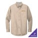 A long sleeved tan Port Authority dress shirt with gold embroidery.