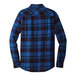 A Port Authority blue and black plaid long sleeve flannel shirt.
