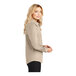 A woman with blonde hair wearing a tan Port Authority long sleeve button down dress shirt.