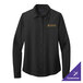 A Brooks Brothers women's long sleeve black satin shirt with gold embroidery.