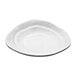 An Elite Global Solutions white melamine triangle plate with a curved edge.