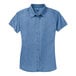 A Port & Company faded blue short sleeve denim button-down shirt for women.