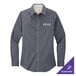A medium women's Port Authority long sleeve grey dress shirt with white text on the chest.