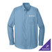 A close-up of a long sleeved Carolina blue Port Authority dress shirt.