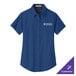 A royal blue Port Authority women's short sleeve dress shirt with a white logo on the chest.