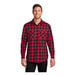 A man wearing a red and black Port Authority Buffalo check flannel shirt.
