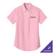 A light pink Port Authority short sleeve dress shirt with a logo on it.