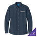 A Port & Company long sleeved blue denim shirt for women with an embroidered logo.