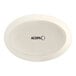 An ivory oval Acopa stoneware dish with black text.