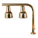 A shiny brass Hanson Heat Lamps double bulb mounted heat lamp with bottom power cord.
