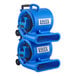 A Lavex 2-piece blue air mover set with wheels.