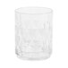 A clear GET Fitzgerald plastic rocks glass with a diamond pattern.