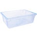 A clear plastic Carlisle food storage box with blue trim and a lid.