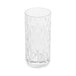 A close-up of a clear GET Fitzgerald plastic highball glass with a diamond cut design.