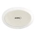 A white oval Acopa porcelain baker dish with black text.