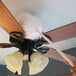 A person using a white lambswool duster to clean the blades of a ceiling fan with attached light fixtures.