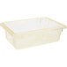A clear plastic Carlisle food storage container with a yellow lid.