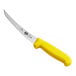 A Victorinox boning knife with a yellow handle.