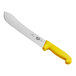 A Victorinox butcher knife with a yellow handle.