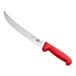 A Victorinox butcher knife with a red Fibrox handle.