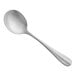 An Acopa Josette stainless steel bouillon spoon on a white background.